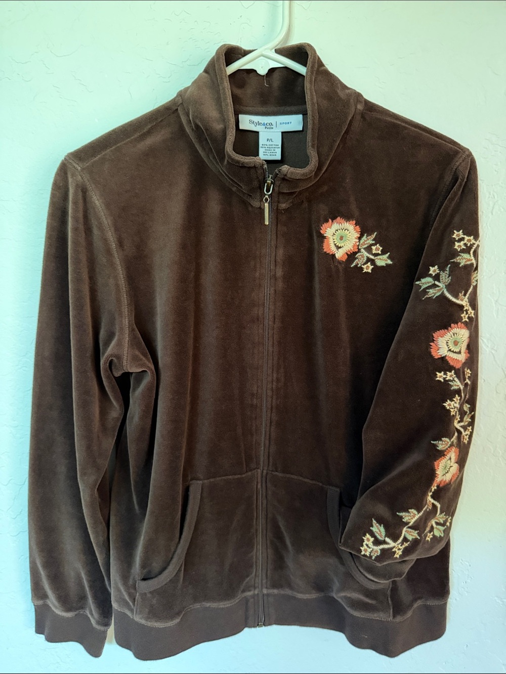 Style & Co. Brown Velour Zip-Up Jacket with Pink Floral Embroidery